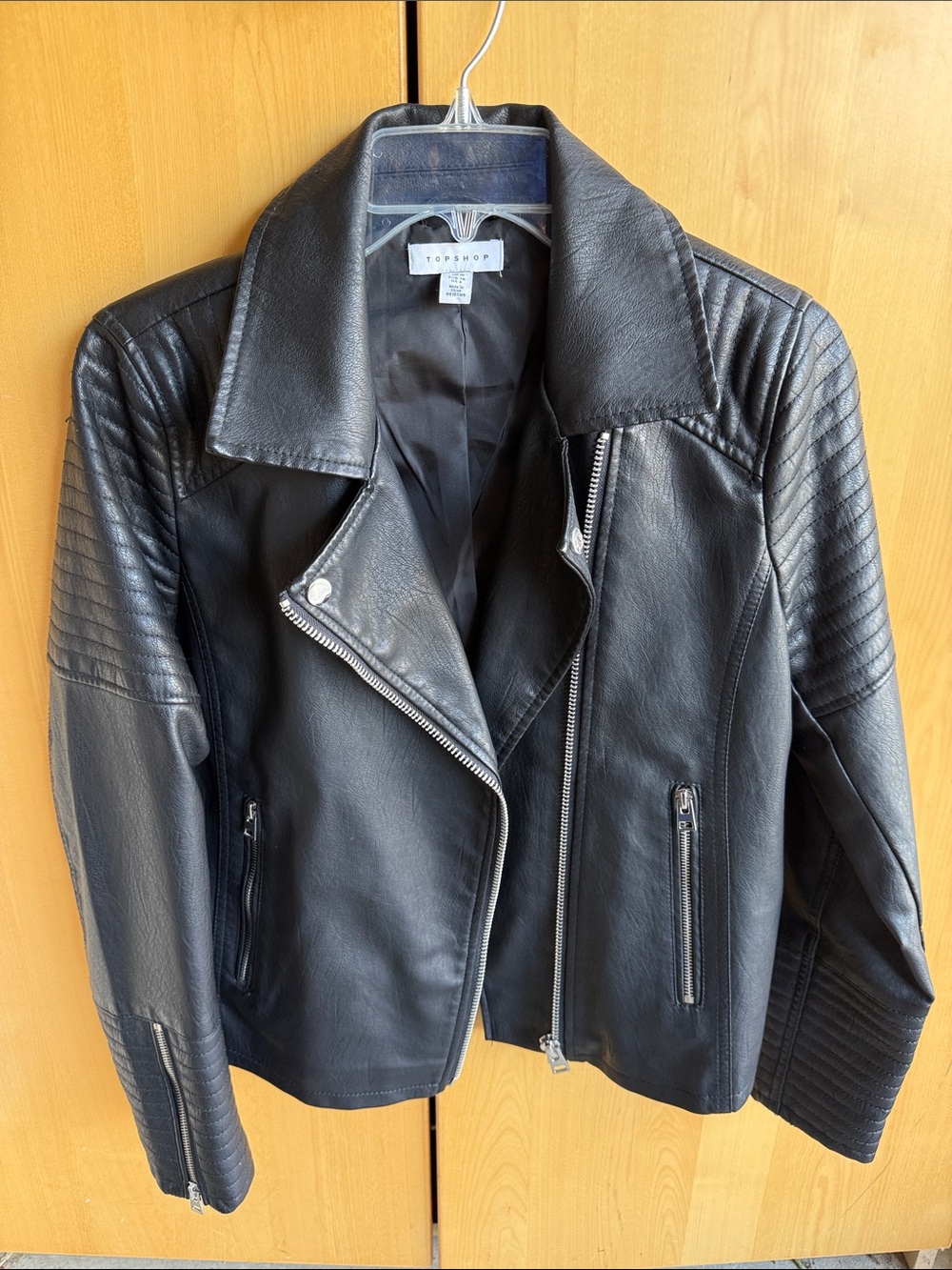 NWOT Topshop Black Quilted-Panel Pleather Biker Jacket